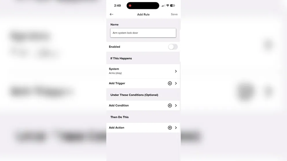 ADT app add automation rule settings