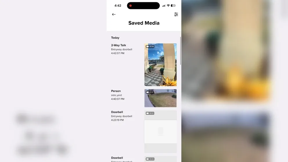 ADT app saved media clips thumbnails