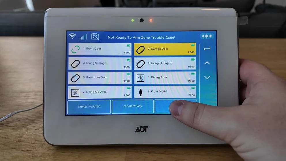 ADT panel selecting a specific zone to bypass