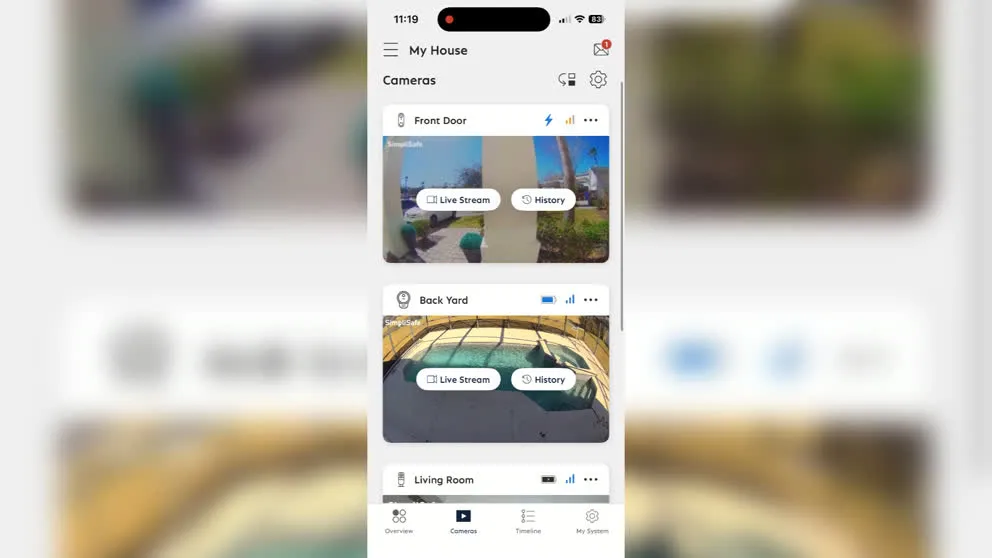 SimpliSafe app showing camera feeds overview