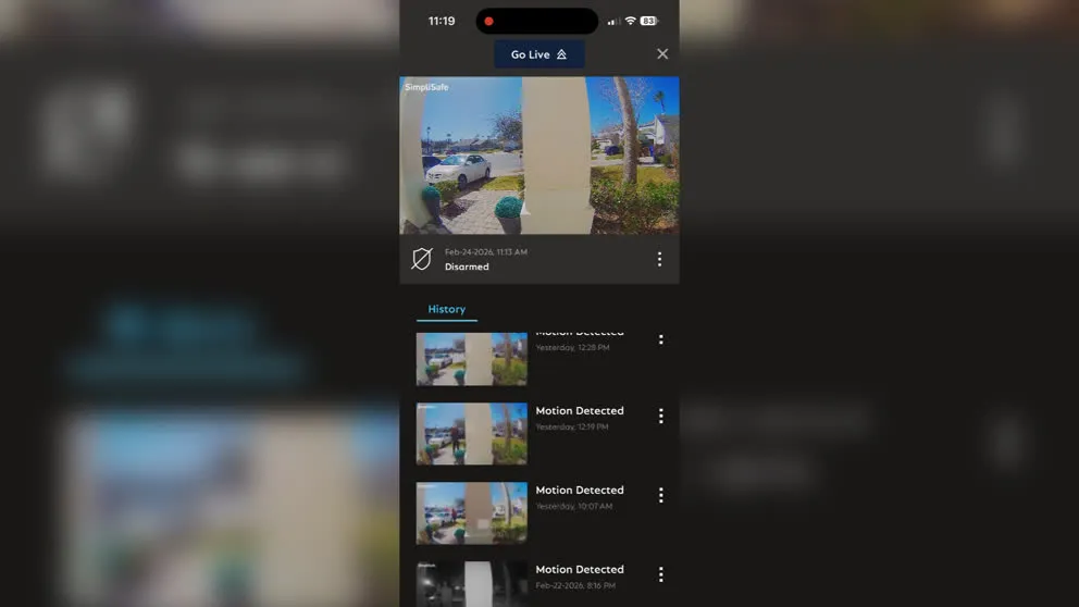 SimpliSafe app showing doorbell motion event history