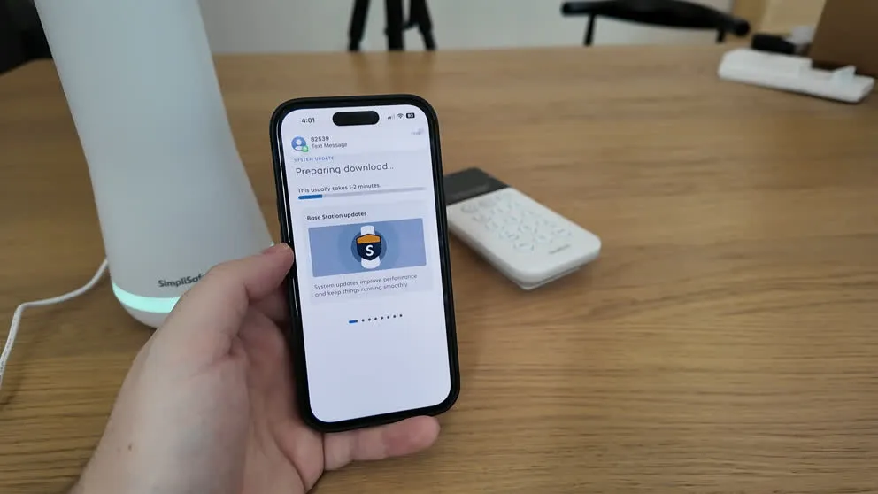 SimpliSafe app preparing base station firmware update