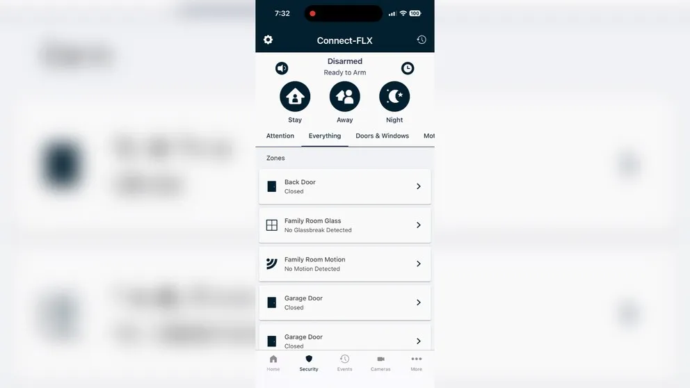 Cove app showing security zones and door/window status